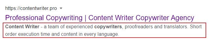 Meta description of the website of the Content Writer Agency.